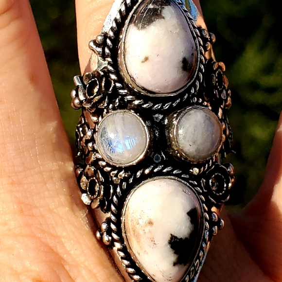 New Zebra Jasper and Rainbow Moonstone 925 Silver Statement Ring. - Picture 9 of 16